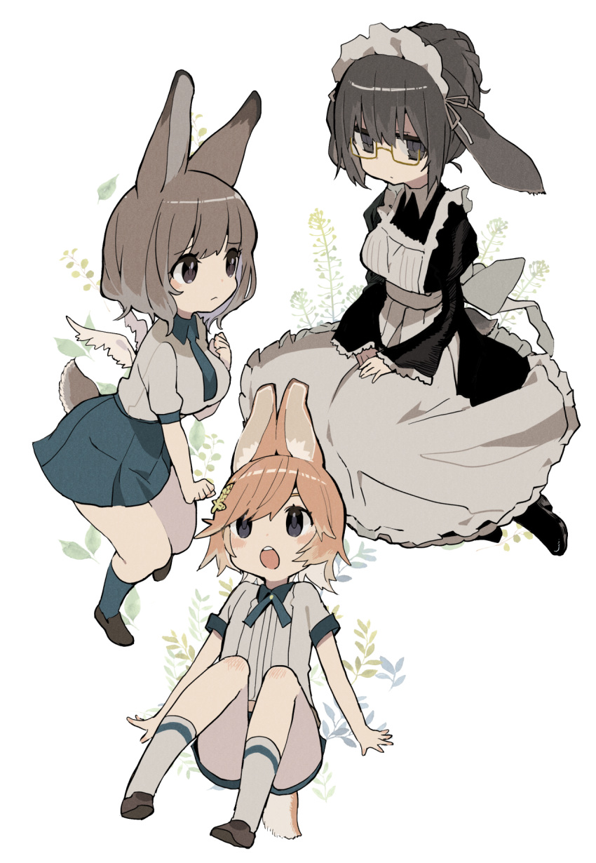 3girls animal_ear_fluff animal_ears apron aqua_necktie aqua_skirt aqua_socks black_dress black_eyes black_footwear bolo_tie braid braided_bun breasts brown_eyes brown_footwear brown_hair brown_tail closed_mouth collared_dress commentary_request convenient_leg dress film_grain floppy_ears floral_background french_braid frilled_apron frills glasses hair_bun hair_ornament hands_on_lap highres jitome juliet_sleeves large_breasts long_sleeves maid maid_headdress multiple_girls necktie open_mouth original puffy_sleeves rabbit_ears rabbit_girl rabbit_tail sakutake_(ue3sayu) semi-rimless_eyewear shirt shirt_tucked_in shoes short_hair short_sleeves single_hair_bun sitting skirt socks tail teeth under-rim_eyewear upper_teeth_only white_apron white_background white_shirt white_socks white_wings wide_sleeves wings yellow-framed_eyewear yokozuwari