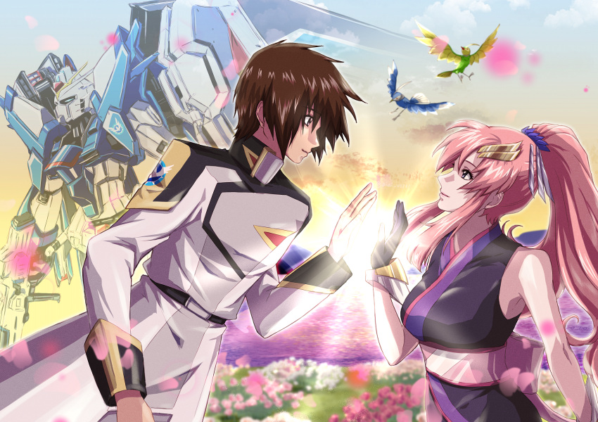 1boy 1girl aiai_x0301 bare_arms black_gloves black_kimono brown_hair couple eye_contact gloves gundam gundam_seed highres japanese_clothes kimono kira_yamato lacus_clyne long_hair looking_at_another military_uniform pink_hair ponytail profile short_hair sleeveless sleeveless_kimono uniform very_long_hair