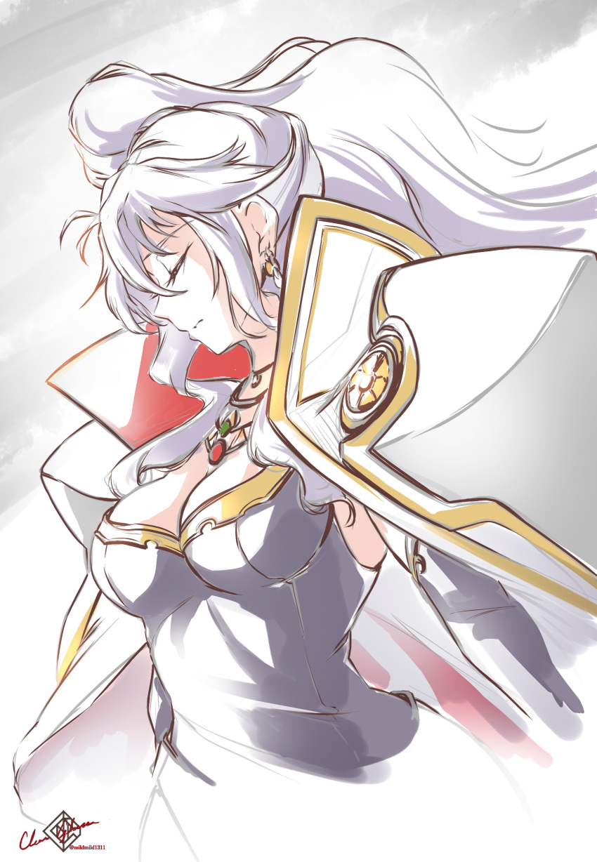 1girl armor artist_name breasts choker clear_glass_(mildmild1311) cleavage closed_eyes closed_mouth dress earrings elbow_gloves fire_emblem fire_emblem:_genealogy_of_the_holy_war fire_emblem:_thracia_776 gloves grey_hair hair_ornament highres ishtar_(fire_emblem) jewelry large_breasts long_hair looking_at_viewer pauldrons ponytail shoulder_armor signature simple_background solo twitter_username very_long_hair