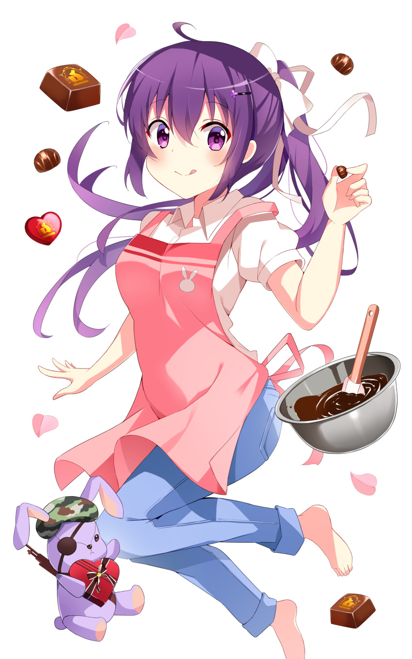 1girl absurdres apron azunyan bare_arms barefoot blue_pants bow collared_shirt floating_hair gochuumon_wa_usagi_desu_ka? hair_between_eyes hair_bow highres long_hair looking_at_viewer pants pink_apron ponytail purple_eyes purple_hair shirt short_sleeves solo stuffed_animal stuffed_rabbit stuffed_toy tedeza_rize tongue tongue_out very_long_hair white_bow white_shirt wing_collar