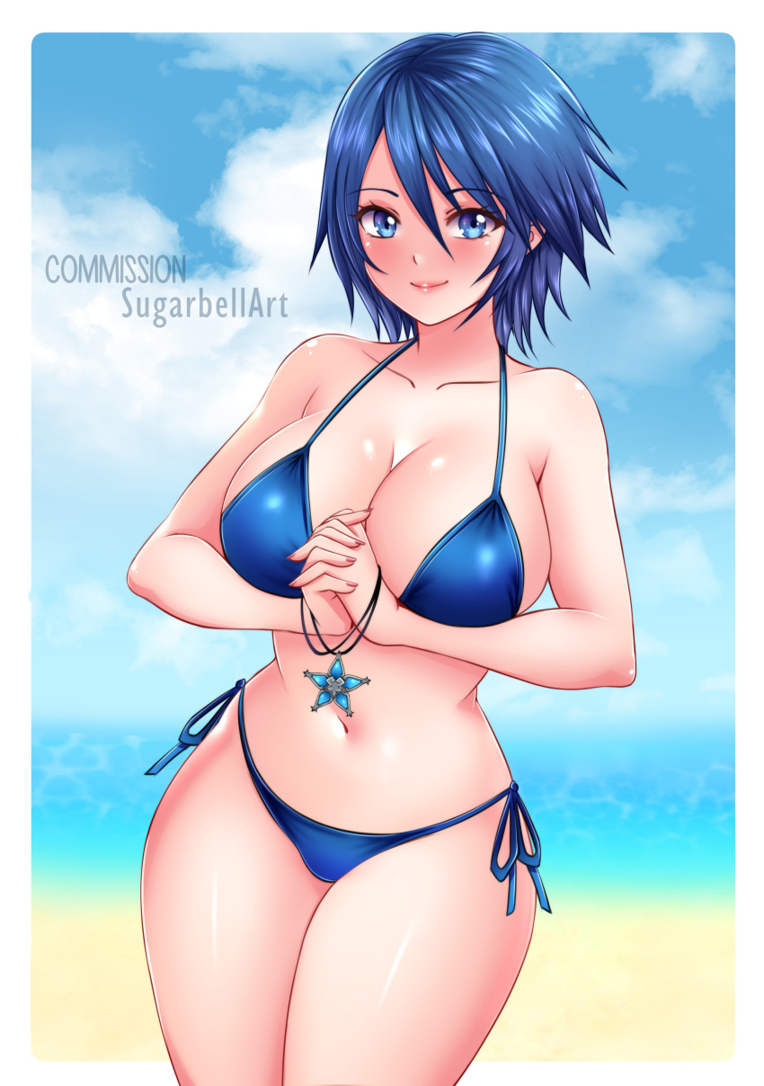 1girl absurdres aqua_(kingdom_hearts) beach bikini blue_eyes blue_hair breasts commission highres jewelry large_breasts looking_at_viewer own_hands_clasped own_hands_together sky smile sugarbell swimsuit