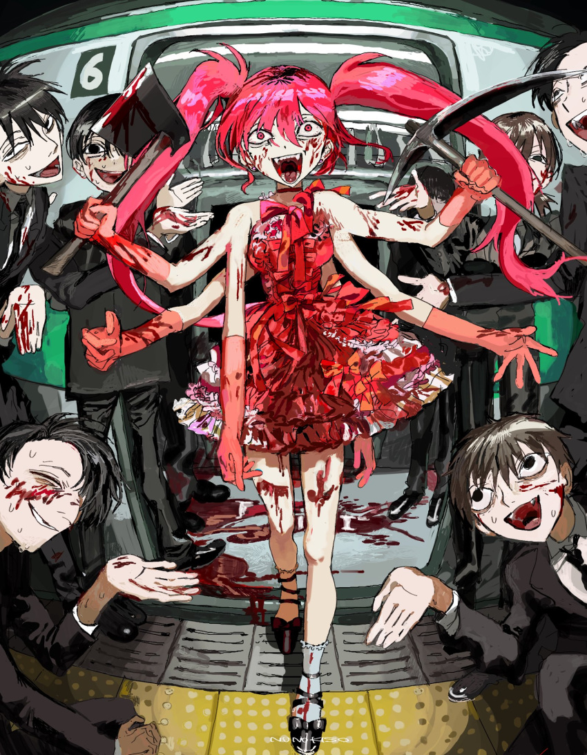 1girl 6+boys artist_name axe bags_under_eyes bare_shoulders black_eyes black_hair black_necktie black_pants black_suit blood blood_on_clothes blood_on_face blood_on_weapon blood_splatter bloodshot_eyes bow brown_hair choker commentary_request crazy crazy_smile dress earrings elbow_gloves extra_arms fangs frilled_dress frills gloves gomibaketsu3 grey_socks highres holding holding_axe holding_scythe jewelry long_hair multicolored_hair multiple_boys necktie open_door open_mouth original pants pink_gloves pink_hair pool_of_blood red_bow red_dress red_eyes roots_(hair) scythe shirt shoes short_dress short_hair single_strap sleeveless sleeveless_dress smile socks stud_earrings subway suit tactile_paving train twintails walking weapon white_shirt wide-eyed