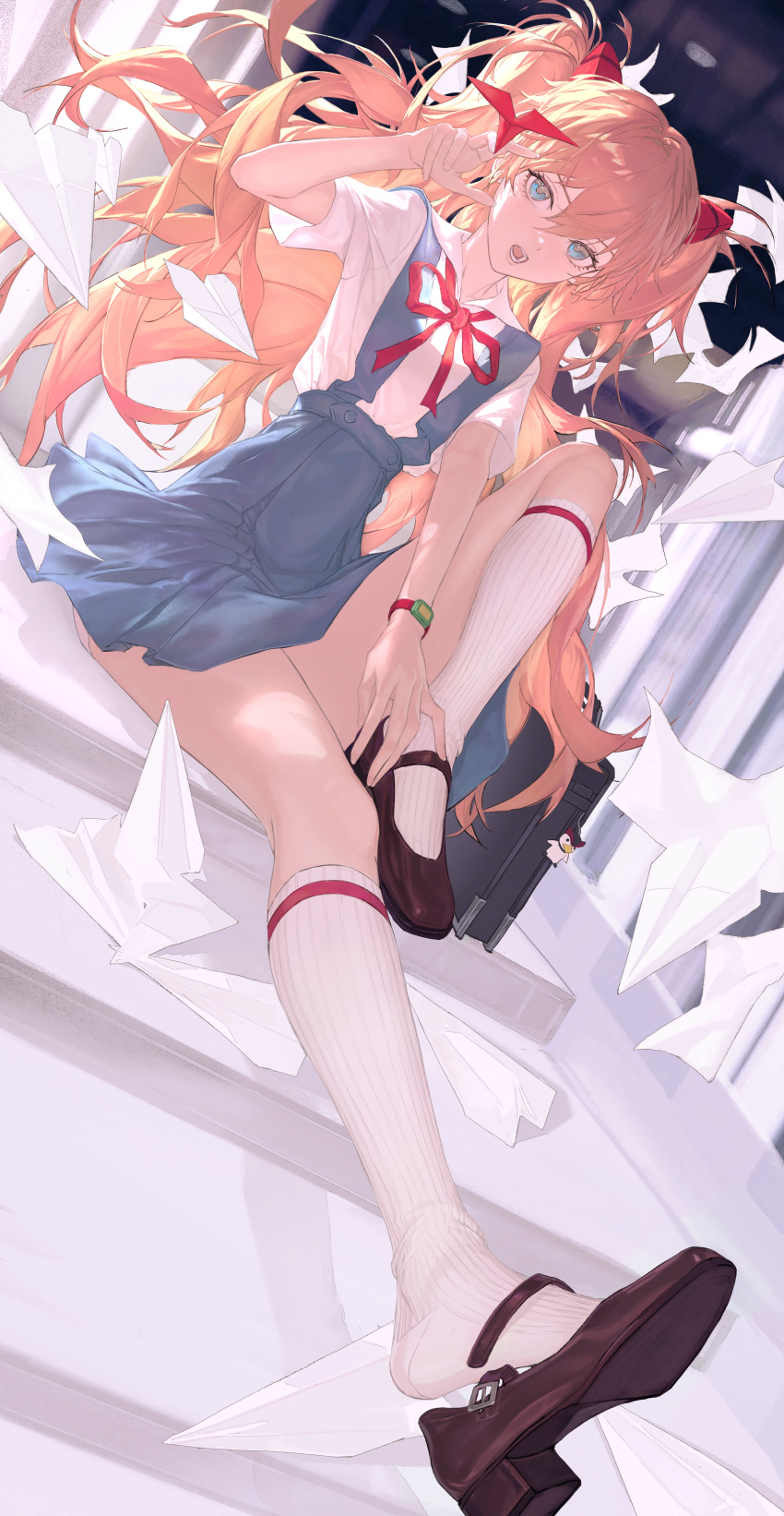 1girl absurdres arm_up atomicxx blue_eyes blue_skirt commentary_request facing_viewer foreshortening full_body highres knee_up kneehighs long_hair looking_at_viewer neon_genesis_evangelion open_mouth orange_hair origami paper_crane red_ribbon ribbon sitting skirt socks solo souryuu_asuka_langley stairs suspender_skirt suspenders thighs two_side_up watch white_socks wristwatch