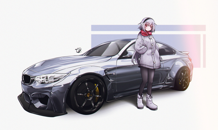 1girl absurdres black_pantyhose blush bmw bmw_m4 boots car earmuffs grey_footwear grey_hair grey_jacket hands_in_pockets head_tilt highres jacket long_hair looking_at_viewer mizzterbii motor_vehicle original pantyhose red_eyes red_scarf scarf shadow signature sports_car vehicle_focus very_long_hair