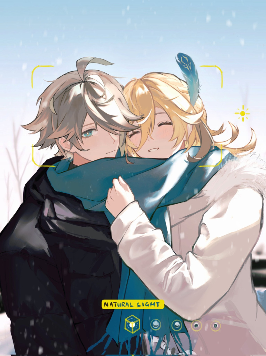 2boys alhaitham_(genshin_impact) aqua_eyes black_coat blonde_hair blue_scarf closed_eyes closed_mouth coat feather_hair_ornament feathers genshin_impact hair_ornament highres kaveh_(genshin_impact) light_blush long_sleeves male_focus multiple_boys scarf shared_clothes shared_scarf smile tonraeki white_coat yaoi