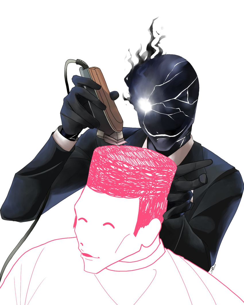 2boys alma_(crippling_mark) barber black_skin black_suit_(blue_archive) blue_archive colored_skin doodle_sensei_(blue_archive) highres holding male_focus meme multiple_boys razor sensei_(blue_archive) shaving simple_background suit tagme white_background