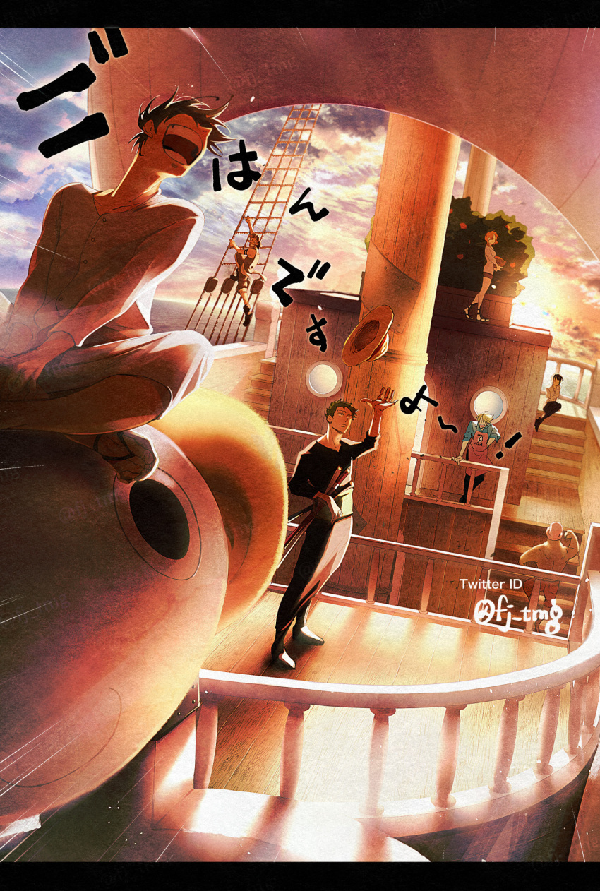 2girls 5boys back boat commentary crossed_legs fujisee going_merry haramaki hat highres letterboxed miniskirt monkey_d._luffy multiple_boys multiple_girls nami_(one_piece) nico_robin ocean one_piece open_mouth ratline roronoa_zoro sandals sanji_(one_piece) shroud_(sailing) skirt sky straw_hat sword symbol-only_commentary tony_tony_chopper tunic twitter_username usopp veil watercraft weapon