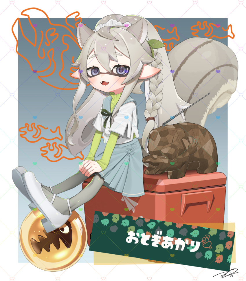 1girl animal_ear_fluff animal_ears border braid commentary commission eyelashes fish_skeleton full_body golden_egg gradient_background grey_background grey_hair grey_skirt hair_between_eyes highres inkling inkling_girl inkling_player_character long_hair looking_at_viewer mr._grizz_(splatoon) open_mouth outside_border pantyhose pleated_skirt pointy_ears puchiman purple_eyes salmon_run_(splatoon) side_braid signature simple_background single_braid sitting skirt smile splashtag_(splatoon) splatoon_(series) splatoon_3 squirrel_ears squirrel_girl squirrel_tail tail teeth tentacle_hair translation_request two_side_up white_border white_footwear