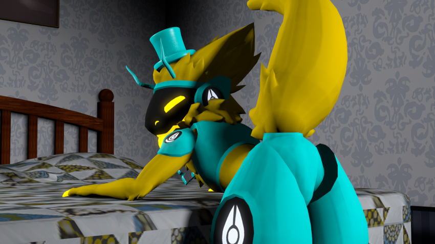 anthro bedroom_eyes bent_over blue_body blue_clothing blue_hat blue_headwear bow_tie butt clothing fred8009 fur hat headgear headwear horn looking_at_viewer looking_back machine male narrowed_eyes presenting presenting_hindquarters protogen seductive solo suntheprotogen top_hat yellow_body yellow_fur