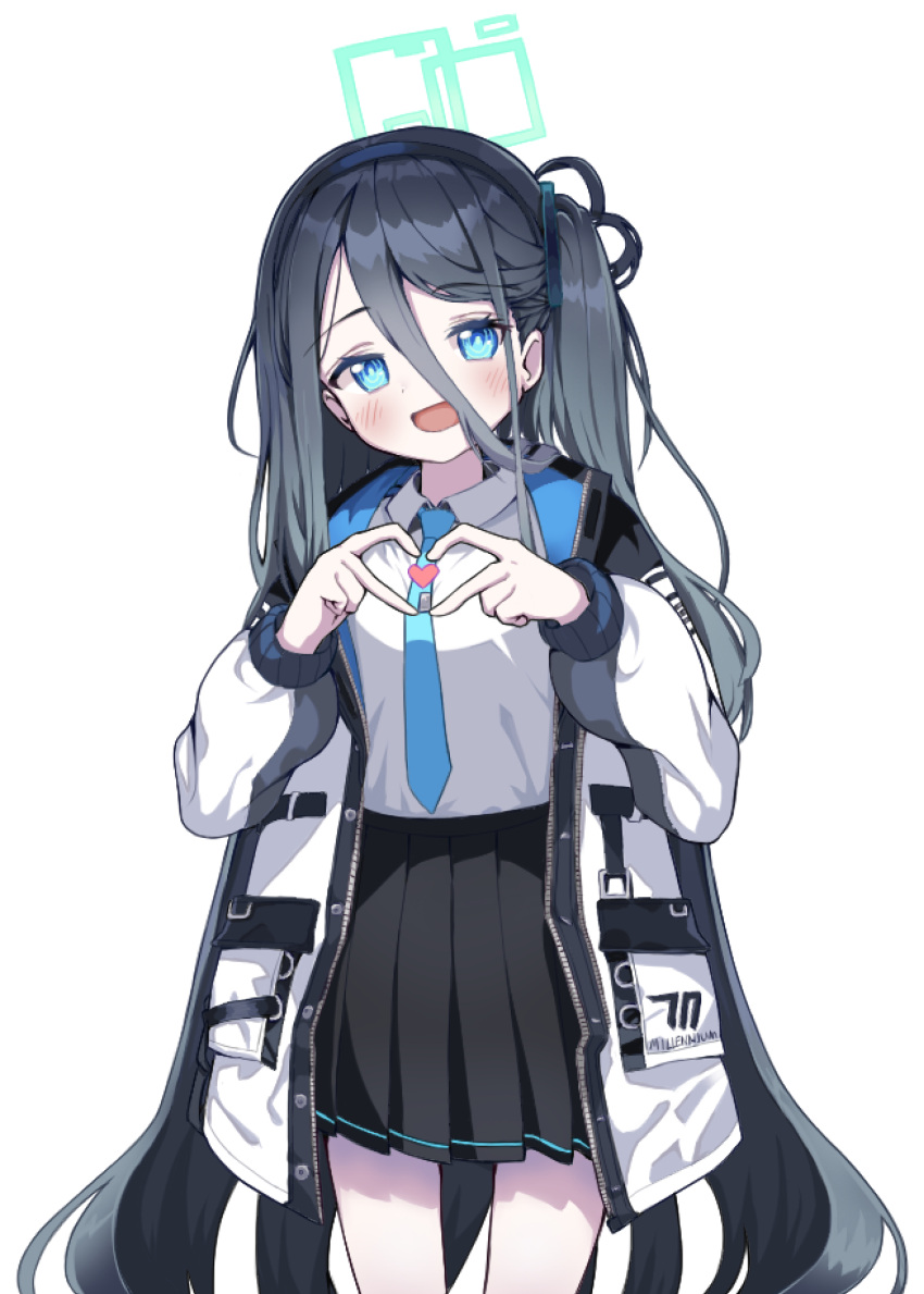 1girl :d absurdres aris_(blue_archive) black_hair black_hairband black_skirt blue_archive blue_eyes blue_necktie blush breasts collared_shirt hair_between_eyes hairband halo hands_up heart heart_hands highres jacket long_hair long_sleeves looking_at_viewer necktie one_side_up open_clothes open_jacket pleated_skirt puffy_long_sleeves puffy_sleeves shirt simple_background skirt small_breasts smile solo sprout_(haji_s) standing very_long_hair white_background white_jacket white_shirt