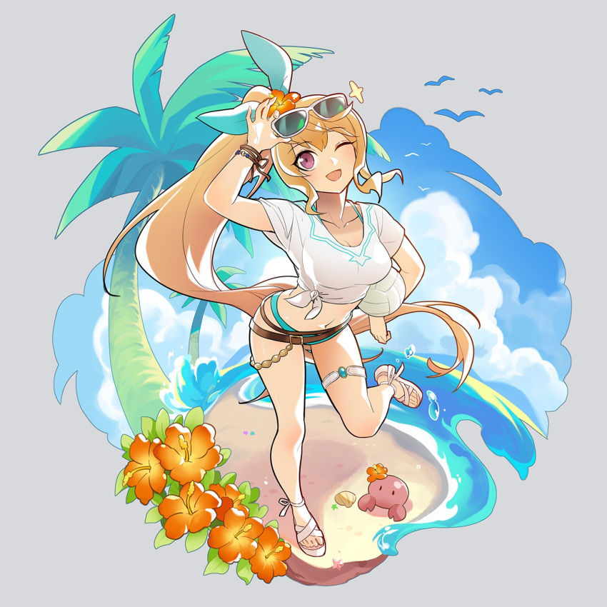 1girl ;d adjusting_eyewear ball beach belt bikini blonde_hair blue_bikini breasts brown_belt cleavage crab dragalia_lost elisanne eyewear_on_head flower full_body highres holding holding_ball long_hair looking_at_another midriff navel ocean official_alternate_costume one_eye_closed open_mouth palm_tree red_eyes sand shirt short_sleeves side_ponytail smile sunglasses swimsuit thigh_strap tied_shirt tree very_long_hair volleyball_(object) water white_shirt xiafei97