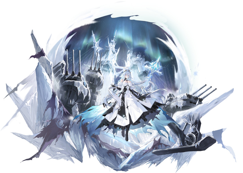 1girl absurdres artist_request aurora azur_lane black_dress black_footwear black_gloves black_necktie boots breasts coat dress fur-trimmed_coat fur_trim gloves grey_eyes hair_between_eyes hat high_heel_boots high_heels highres holding holding_scepter holding_staff ice ice_crystal large_breasts logo long_dress long_hair looking_at_viewer machinery necktie non-web_source official_art rigging scepter sled snowflakes solo sovetsky_soyuz_(azur_lane) staff standing turret two-tone_dress very_long_hair white_dress white_hair white_headwear