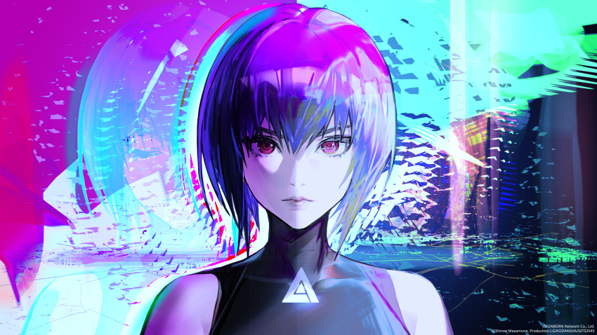 1girl abstract_background absurdres closed_mouth company_name ghost_in_the_shell ghost_in_the_shell:_sac_2045 girls'_frontline highres kusanagi_motoko looking_at_viewer official_art portrait purple_eyes purple_hair short_hair straight-on