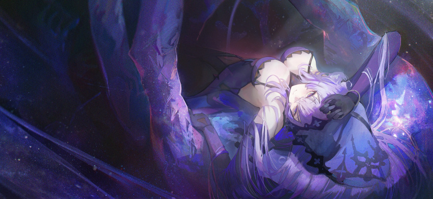 1girl absurdres bare_shoulders black_gloves black_swan_(honkai:_star_rail) breasts closed_mouth elbow_gloves expressionless gloves highres honkai:_star_rail honkai_(series) large_breasts long_hair looking_at_viewer lying on_back purple_hair solo upside-down veil very_long_hair wide_shot yonesdraws