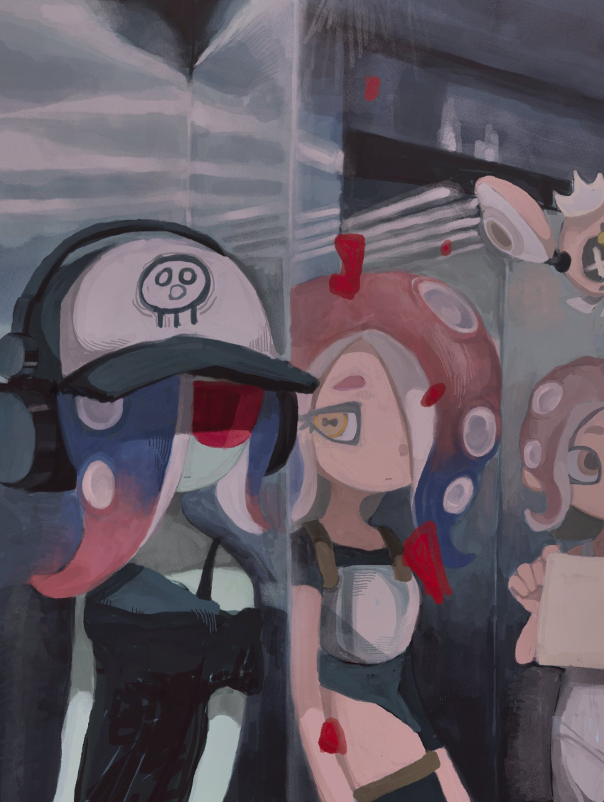 2girls agent_8_(splatoon) aqua_skin armor asymmetrical_sleeves baseball_cap black_dress black_headwear blue_hair bodysuit bra_strap breastplate cephalopod_eyes dedf1sh different_reflection dr_mice dress drone elevator gradient_hair hair_over_one_eye hat headphones headphones_over_headwear highres horizontal_pupils long_hair multicolored_hair multiple_girls octoling octoling_girl octoling_player_character off-shoulder_dress off_shoulder pearl_drone_(splatoon) red_hair reflection sanitized_(splatoon) splatoon_(series) splatoon_3 splatoon_3:_side_order tentacle_hair two-tone_hair two-tone_headwear uneven_sleeves white_bodysuit white_headwear yellow_eyes