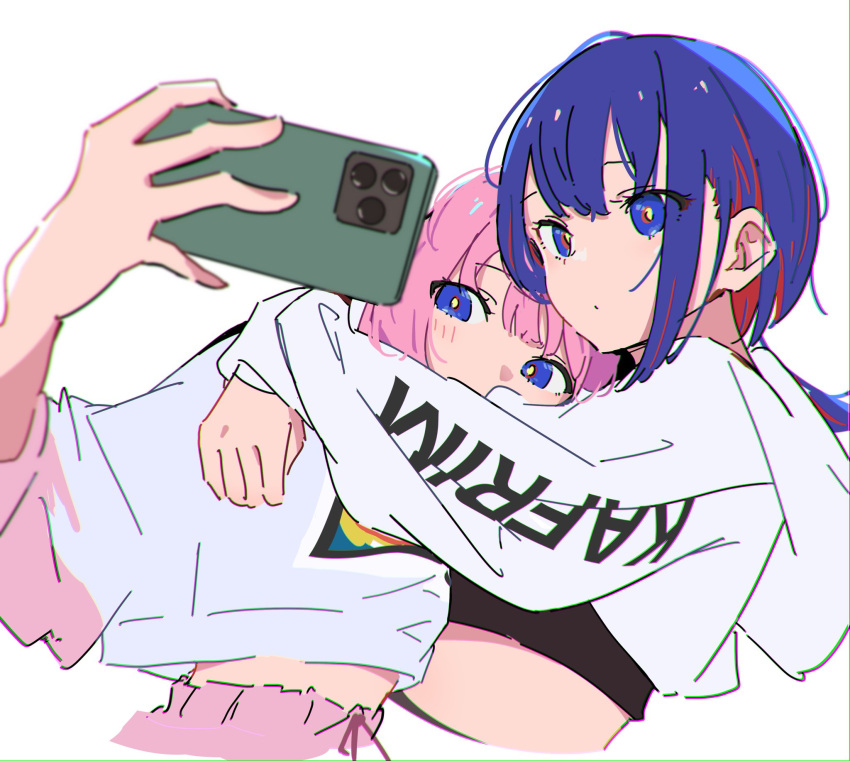 2girls arms_around_neck atenaba blue_eyes blue_hair cellphone closed_mouth colored_inner_hair cropped_hoodie hand_on_another's_shoulder highres holding holding_phone hood hood_down hoodie hug kaf_(kamitsubaki_studio) kamitsubaki_studio midriff multicolored_clothes multicolored_hair multicolored_hoodie multiple_girls pants phone pink_hair pink_hoodie pink_pants red_hair rim_(kamitsubaki_studio) selfie simple_background smartphone taking_picture white_background white_hoodie yellow_pupils yuri