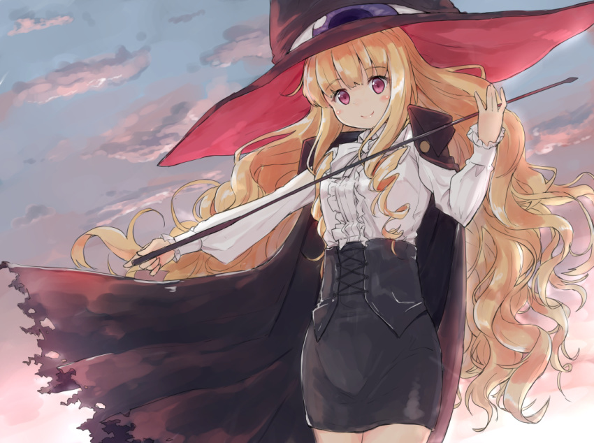 bangs black_cape black_skirt blonde_hair blouse blunt_bangs bow bowtie cape closed_mouth cloud corset cowboy_shot curly_hair gradient_sky hat lilith_(yamibou) long_hair miniskirt oge_(ogeogeoge) pink_eyes red_eyes sidelocks skin_tight skirt sky smile solo twilight very_long_hair wavy_hair whip white_blouse white_bow yami_to_boushi_to_hon_no_tabibito