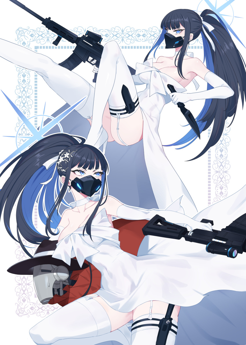 1girl ar-15 assault_rifle black_hair blue_archive blue_eyes bow breasts choker commentary_request dress elbow_gloves fedora garter_straps gloves gun hair_ornament hair_ribbon hat high_heels highres holding holding_knife knife large_breasts mask matsumoto_tomoyohi mouth_mask ponytail ribbon rifle robot saori_(blue_archive) saori_(dress)_(blue_archive) sidelocks sleeveless sleeveless_dress solo sweatdrop thighhighs weapon white_dress