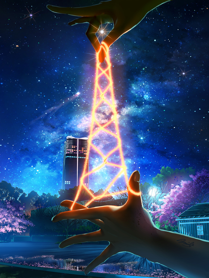 absurdres building cat's_cradle cherry_blossoms commentary_request fantasy highres night original outdoors scenery sky skyscraper smile_(qd4nsvik) star_(sky) star_(symbol) starry_sky tree