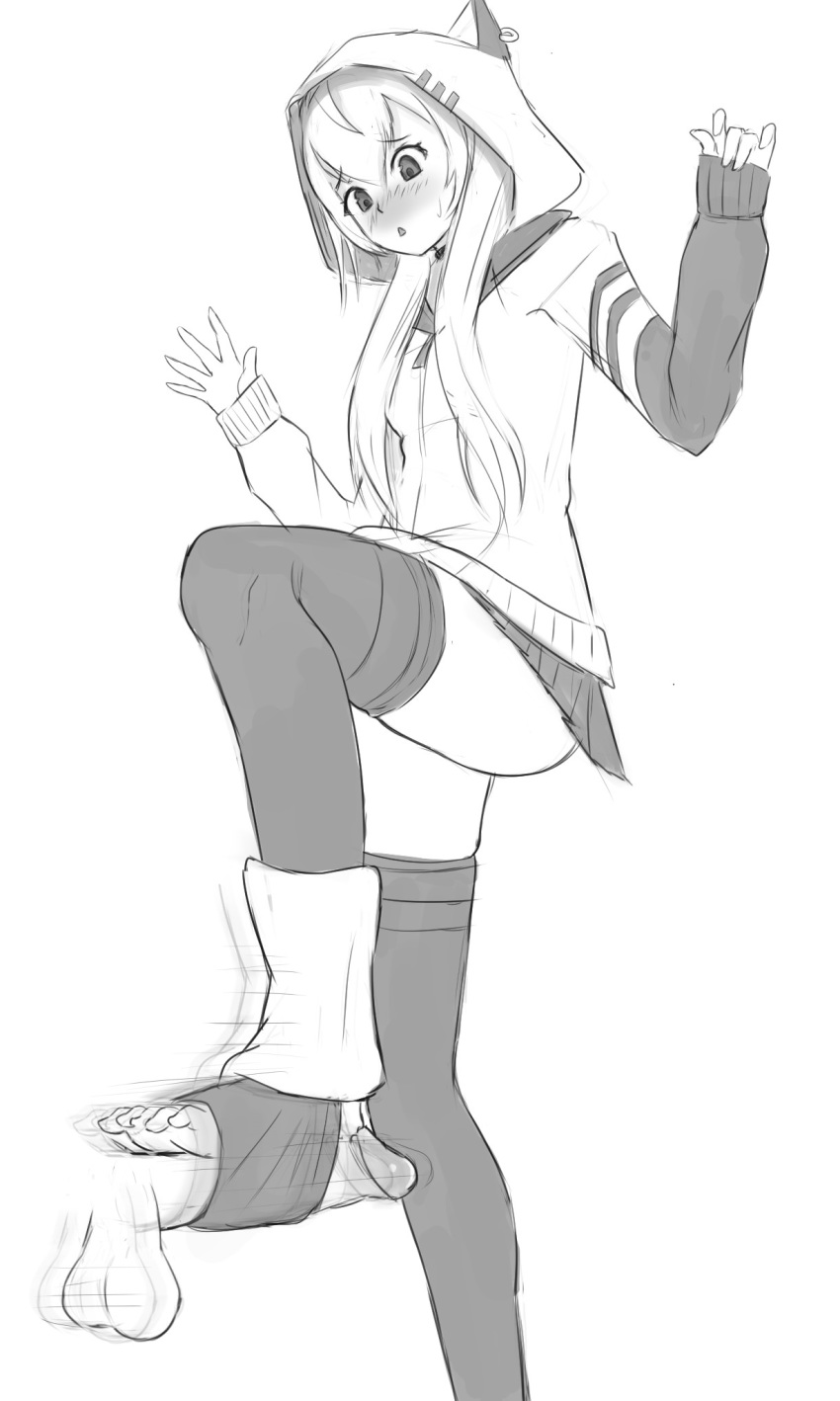 1girl blush feet footjob hoodie legwear long_hair monochrome one_leg_raised parted_lips toeless_legwear toes