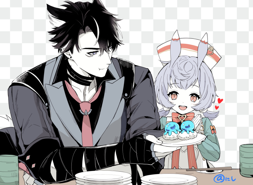 1boy 1girl :d :t animal_ears apron bandaged_arm bandages black_hair black_shirt bow bowtie brown_eyes checkered_background child chopsticks collared_shirt cup eating fingernails food genshin_impact giving gloves hair_ornament heart highres holding holding_food holding_plate long_sleeves low_twintails medium_hair muted_color necktie open_mouth palms_together plate pom_pom_(clothes) pom_pom_hair_ornament purple_eyes purple_hair red_bow red_bowtie red_necktie rice shirt short_twintails sigewinne_(genshin_impact) simple_background smile sushi table tanuki_nishi teeth twintails upper_body upper_teeth_only white_apron white_gloves wriothesley_(genshin_impact) yunomi