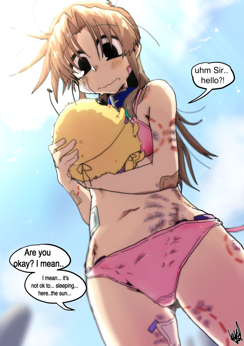 1girl absurdres bandaid bandaid_on_cheek bandaid_on_face belt_collar bikini black_eyes blue_collar blue_sky blurry blurry_foreground bruise collar creature ed-chan_(edkuroki) edkuroki english_text engrish_text from_below gauze_on_arm gauze_on_cheek gauze_on_hip hair_intakes hickey highres holding holding_creature injury light_blush long_hair looking_at_creature messy_hair navel original outdoors pink_bandaid pink_bikini ranguage sidelocks signature sky speech_bubble swimsuit wavy_mouth