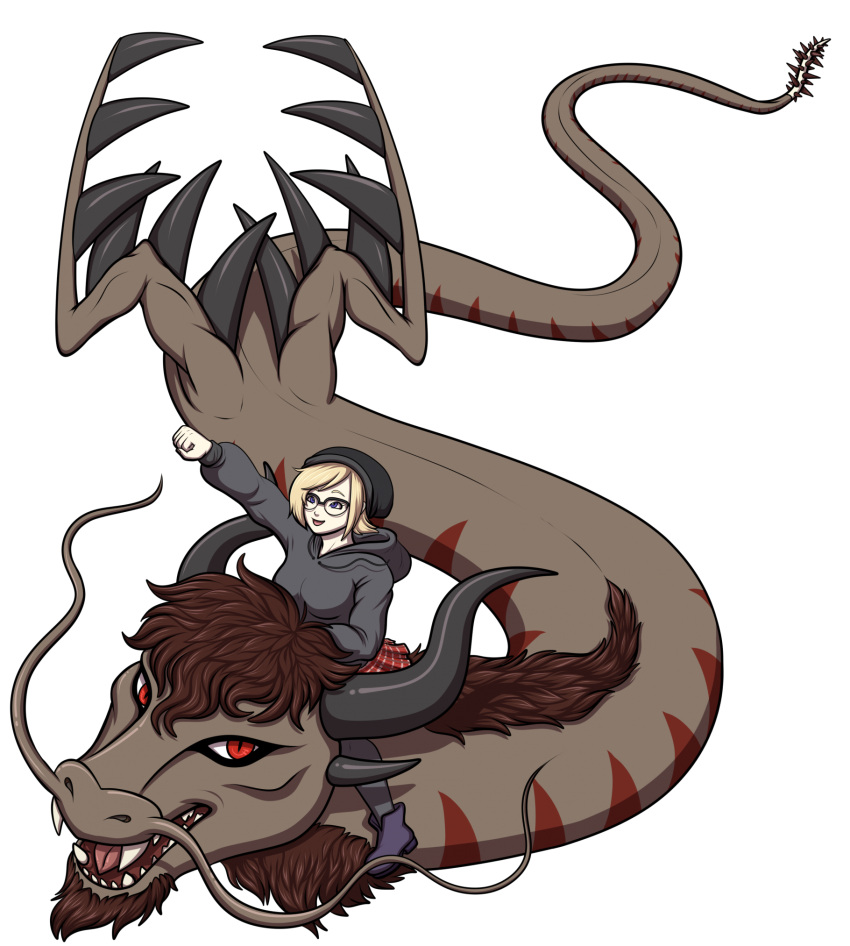 anthro blonde_hair brown_body brown_fur brown_scales clothing dragon duo european_mythology fangs female feralcatalyst flying fur hair hi_res hoodie horn human male mammal mythological_creature mythological_scalie mythology red_eyes scales scalie teeth topwear wyrm_(dragon)