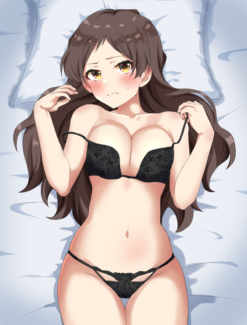 1girl absurdres bed_sheet black_bra black_panties blush bra breasts brown_hair cleavage collarbone double_strap_slip haruki_(haruki678) highres idolmaster idolmaster_million_live! kitazawa_shiho lingerie looking_at_viewer lying medium_breasts navel on_back panties pillow solo stomach sweat thigh_gap underwear underwear_only