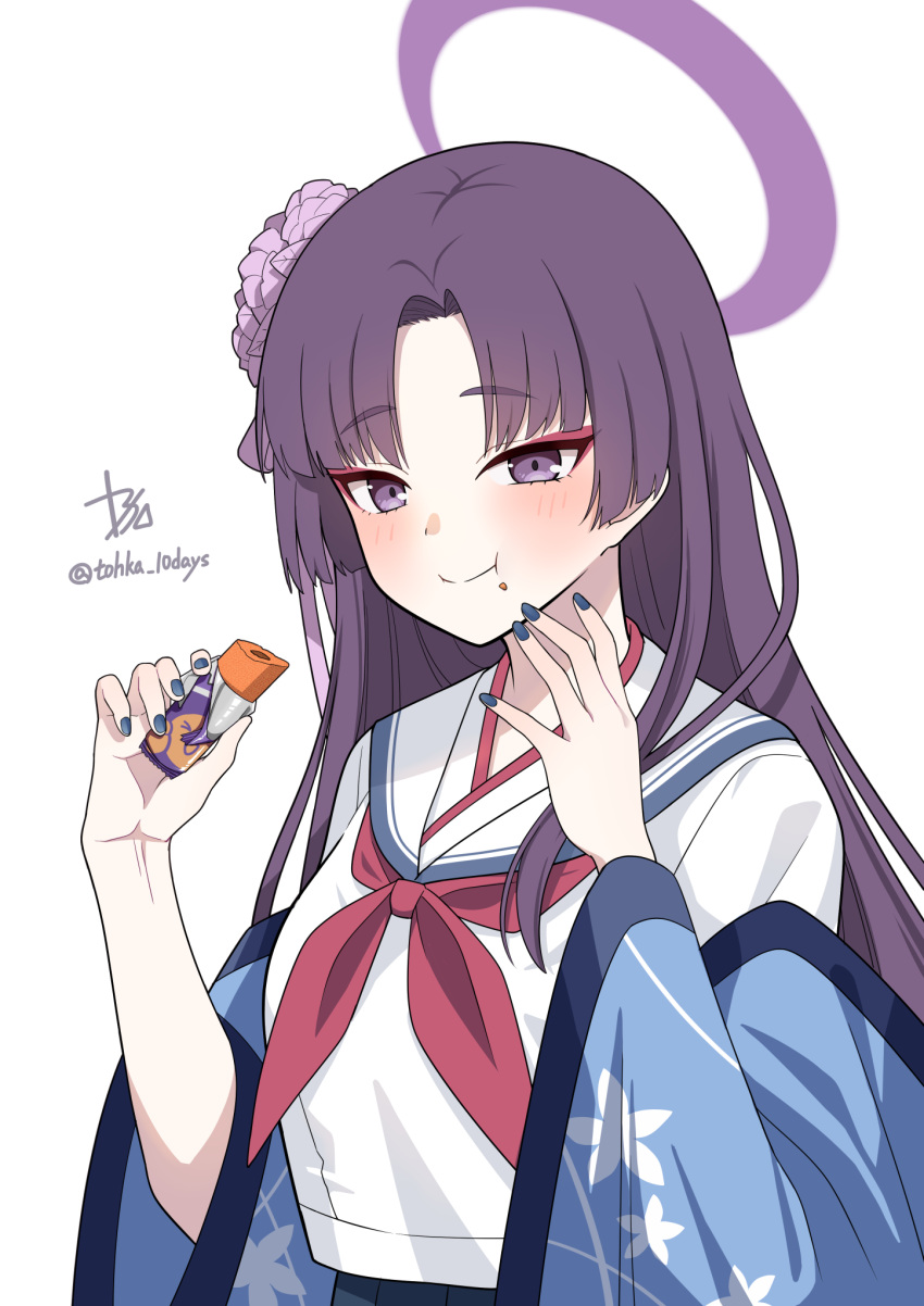 1girl :t blue_archive blush breasts commentary_request eating eyeshadow fingernails flower food hair_flower hair_ornament halo haori highres japanese_clothes long_hair looking_at_viewer makeup medium_breasts nail_polish neckerchief purple_eyes purple_hair red_eyeshadow red_neckerchief school_uniform serafuku signature simple_background smile solo straight_hair tohka_10days twitter_username umaibou very_long_hair white_background yukari_(blue_archive)