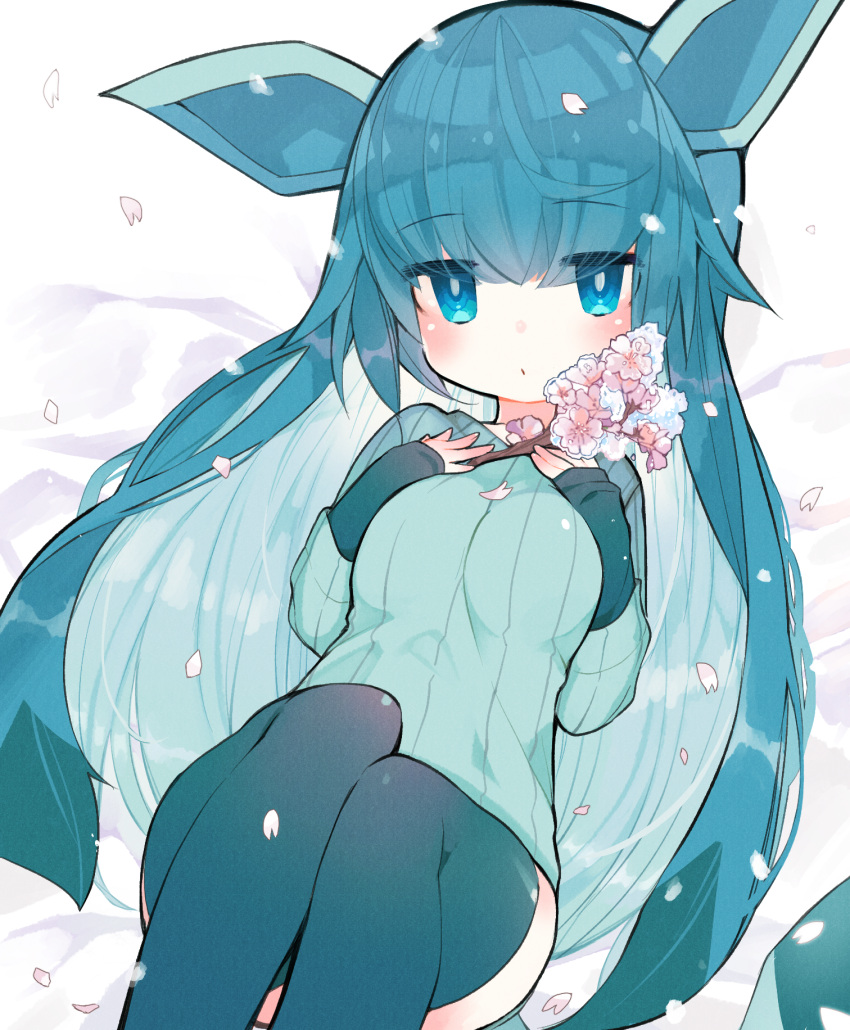 animal_ears aqua_hair aqua_sweater blue_eyes blush branch breast_suppress breasts bright_pupils cherry_blossoms closed_mouth commentary_request expressionless falling_petals feet_out_of_frame glaceon highres holding holding_branch knees_up large_breasts layered_sleeves legs_together long_hair long_sleeves personification petals pokemon ribbed_sweater sakutake_(ue3sayu) sleeves_past_wrists sweater thighhighs very_long_hair white_pupils