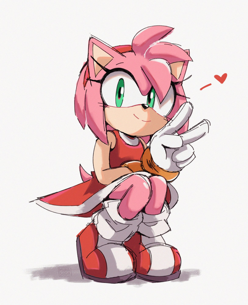 1girl ame_(beeames) amy_rose artist_name boots bracelet closed_mouth dress eyelashes furry furry_female gloves gold_bracelet green_eyes hairband hand_up heart hedgehog_girl highres jewelry looking_at_viewer red_dress red_footwear red_hairband short_dress simple_background sketch sleeveless sleeveless_dress smile solo sonic_(series) split_mouth squatting twitter_username v white_background white_gloves