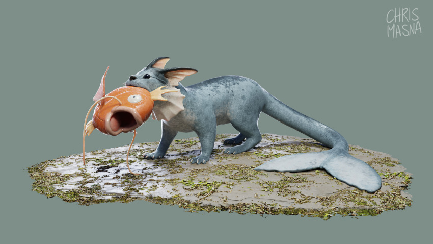 3d absurdres animal_focus artist_name black_eyes blender_(medium) carp chris_masna claws closed_mouth commentary dirt english_commentary fins fish fish_in_mouth fish_tail from_side full_body grass green_background head_fins highres holding magikarp making-of_available mouth_hold no_humans on_ground open_mouth otter plant pokemon pokemon_(creature) predation realistic shadow shiny_skin signature simple_background standing tail tongue vaporeon whiskers wide-eyed