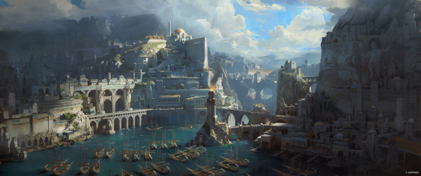 absurdres aqueduct boat bridge canyon city cliff cloud cloudy_sky dome fantasy fire highres mountain no_humans numenor official_art renart rings_of_power river scenery sky smoke tolkien's_legendarium trireme water watercraft waterfall watermark