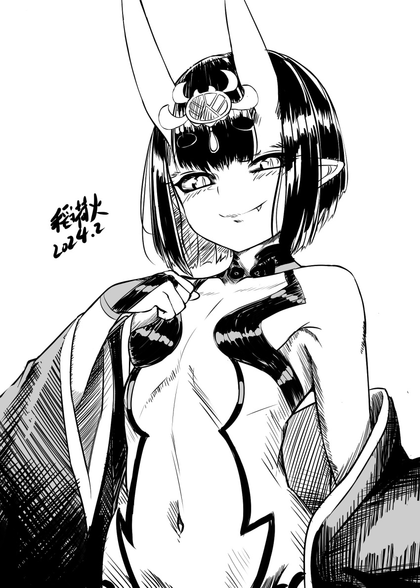 1girl b.d bare_shoulders blush bob_cut breasts collarbone fate/grand_order fate_(series) greyscale headpiece highres horns japanese_clothes kimono long_sleeves looking_at_viewer monochrome navel off_shoulder oni pointy_ears revealing_clothes short_eyebrows short_hair shuten_douji_(fate) skin-covered_horns smile solo