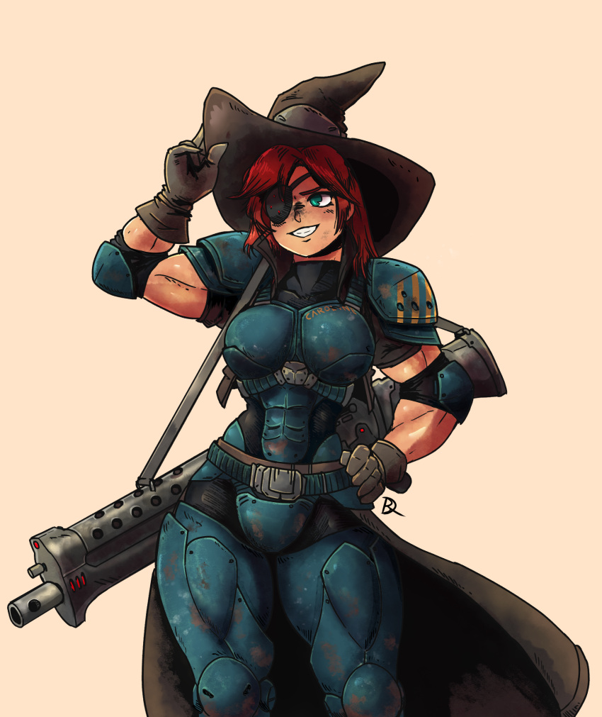 adjusting_clothes adjusting_headwear armor assault_rifle eyepatch gloves green_eyes gun hat highres kabewski long_hair muscular muscular_female original pauldrons red_hair rifle shoulder_armor signature skirt smile teeth weapon witch witch_hat