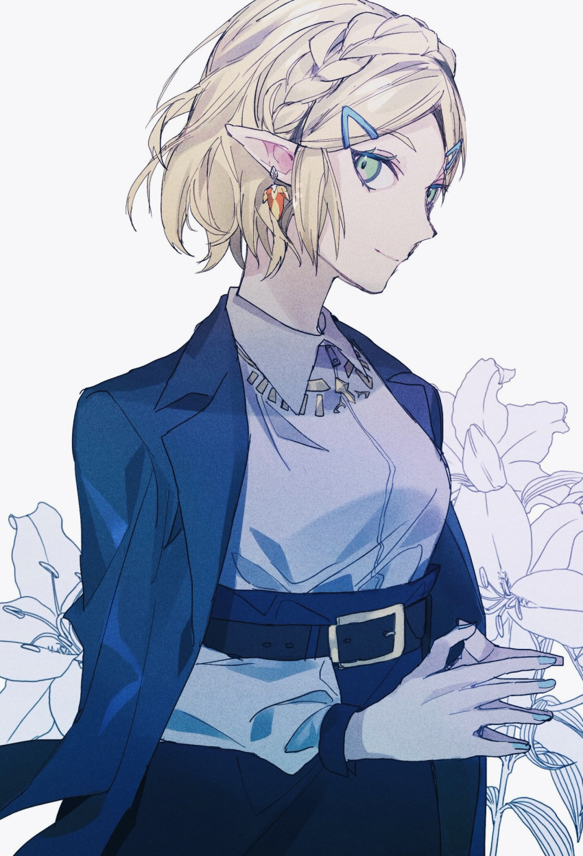 1girl belt braid collared_shirt contemporary earrings eyelashes flower from_side green_eyes highres jacket jacket_on_shoulders jewelry lily_(flower) looking_at_viewer misato_karuha necklace open_clothes open_jacket own_hands_together pointy_ears princess_zelda profile shirt short_hair smile solo the_legend_of_zelda the_legend_of_zelda:_breath_of_the_wild upper_body white_background