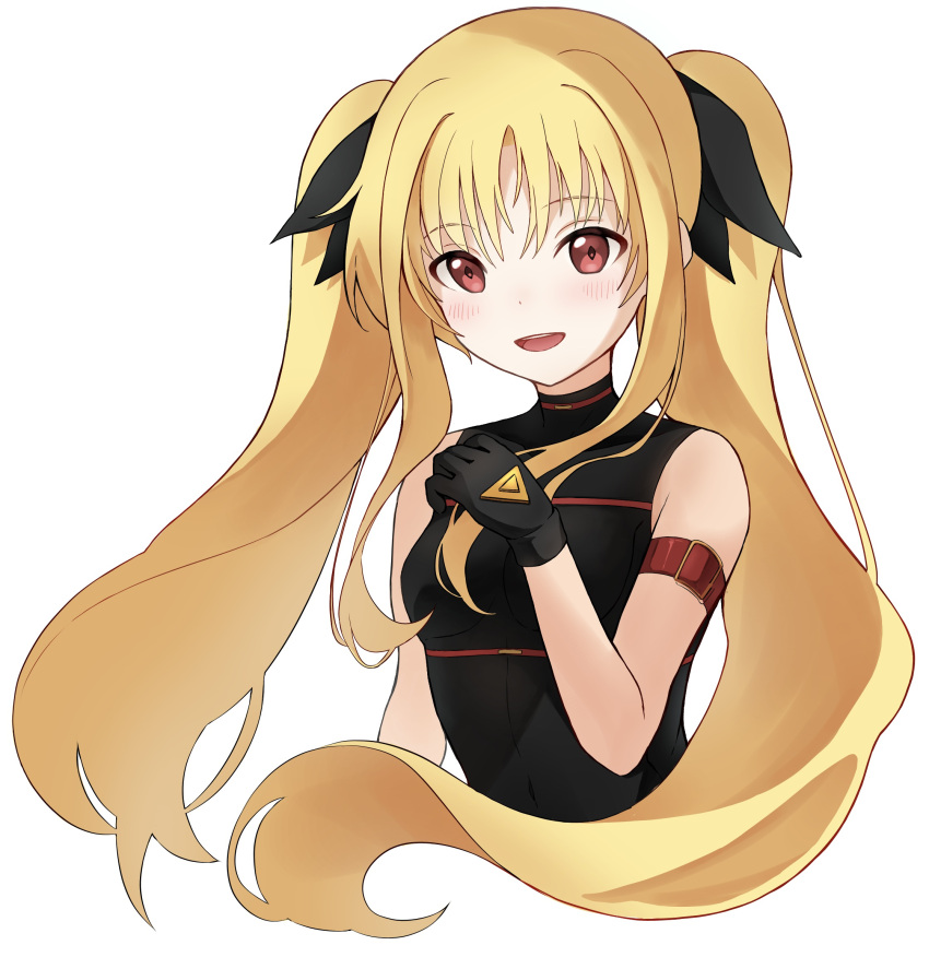 1girl :d arm_strap black_bow black_gloves black_shirt blonde_hair blush bow fate_testarossa floating_hair gloves hair_between_eyes hair_bow highres long_hair lyrical_nanoha mahou_shoujo_lyrical_nanoha nanoha010410 open_mouth red_eyes shirt simple_background sleeveless sleeveless_shirt smile solo twintails upper_body very_long_hair white_background