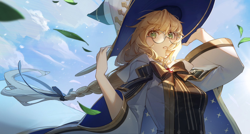 1girl black_trim blonde_hair braid cloak cloud cloudy_sky fate/grand_order fate_(series) gold_trim green_eyes hat highres holding holding_clothes holding_hat kotatsu_kaya leaf red_brooch robe round_eyewear sidelocks single_braid sky solo tonelico_(fate) tonelico_(first_ascension)_(fate) two-sided_fabric two-sided_headwear two-tone_sleeves white_cloak white_headwear white_robe wide_brim witch_hat