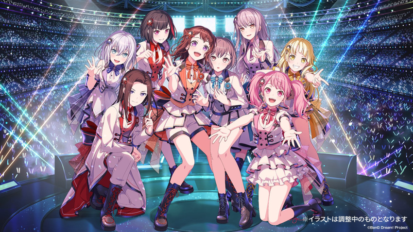 6+girls aoba_moca bang_dream! bang_dream!_it's_mygo!!!!! black_footwear blazer blonde_hair blue_bow blue_bowtie blue_eyes blush boots bow bowtie brown_eyes brown_hair clenched_teeth closed_mouth clothing_cutout commentary_request dress finger_gun glowstick hair_between_eyes hair_ornament half_updo hand_up highres idol idol_clothes index_finger_raised jacket kneeling long_hair looking_at_viewer maruyama_aya medium_hair minato_yukina mitake_ran multicolored_hair multiple_girls necktie official_art okusawa_misaki open_mouth orange_vest pants penlight_(glowstick) pink_bow pink_bowtie pink_eyes pink_hair pink_vest purple_bow purple_bowtie purple_eyes purple_vest red_bow red_bowtie red_eyes red_hair red_necktie red_vest short_hair shorts shoulder_cutout sidelocks smile stage stage_lights streaked_hair takamatsu_tomori teeth toyama_kasumi tsurumaki_kokoro twintails upper_teeth_only vest white_dress white_hair white_jacket white_pants white_shorts yellow_bow yellow_bowtie yellow_eyes yellow_vest