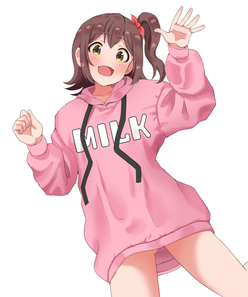 1girl absurdres ass_visible_through_thighs blush brown_hair collarbone hands_up haruki_(haruki678) highres hood hoodie idolmaster idolmaster_million_live! kasuga_mirai looking_at_viewer no_pants one_side_up pink_hoodie simple_background smile solo white_background