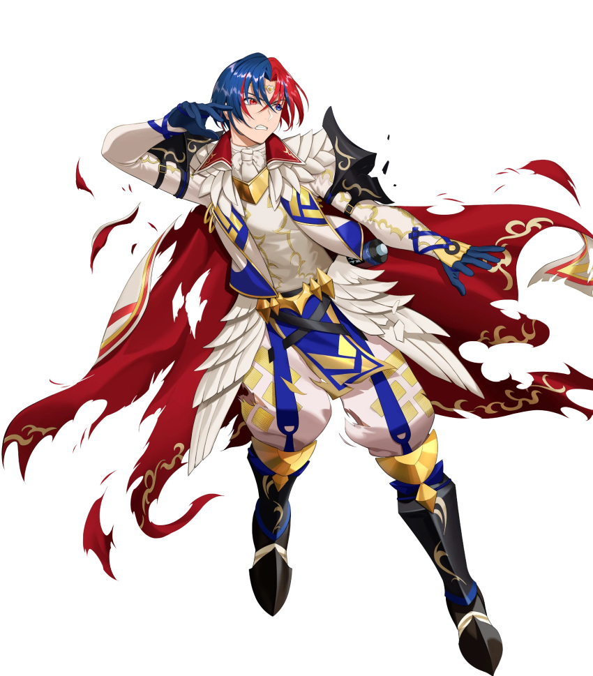 1boy alear_(engaging_fire)_(fire_emblem) black_footwear blue_eyes blue_gloves blue_hair cape circletewhite_cape damaged fire_emblem fire_emblem_engage gloves gold_trim heterochromia highres mikurou_(nayuta) multicolored_cape multicolored_clothes non-web_source official_alternate_costume pelvic_curtain red_cape red_eyes red_hair solo torn_cape torn_clothes