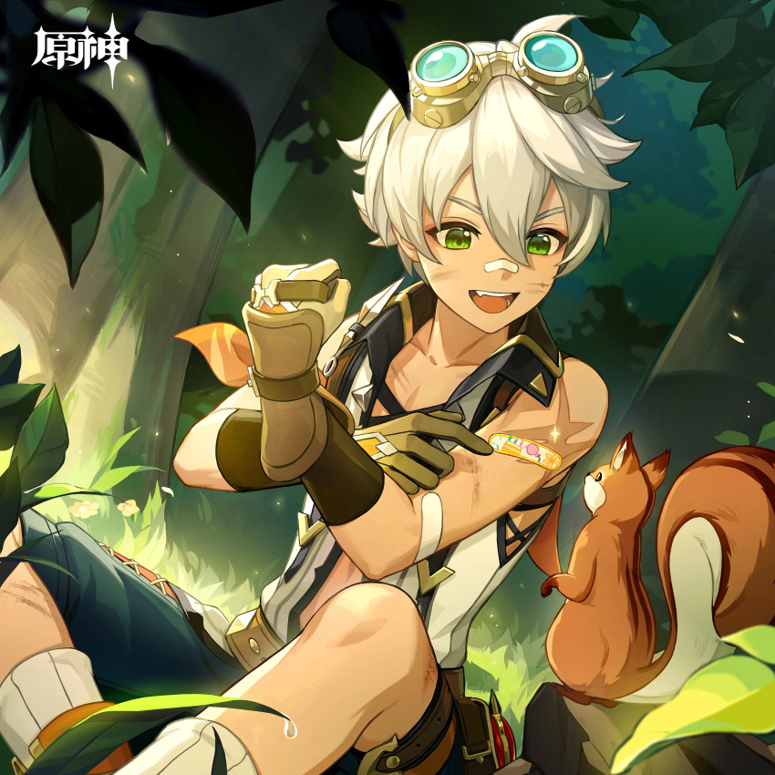 1boy :d absurdres bandaid bare_shoulders bennett_(genshin_impact) genshin_impact gloves goggles goggles_on_head green_eyes hair_between_eyes highres male_focus official_art short_hair shorts sitting smile squirrel vest white_hair