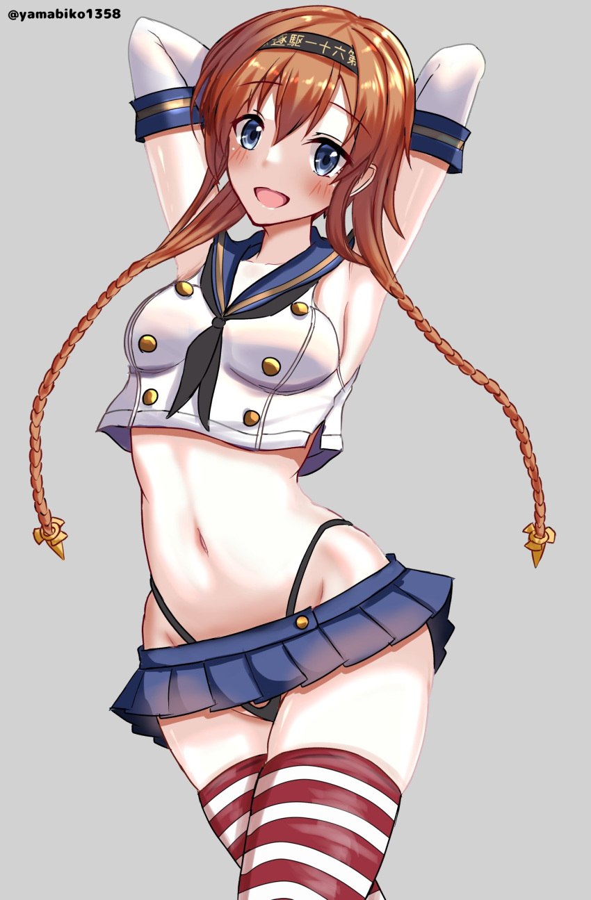 arms_behind_head blue_eyes braid breasts brown_hair cosplay elbow_gloves gloves hair_ornament highres kantai_collection medium_breasts microskirt mizuki_(uzuki_no_sato) navel propeller_hair_ornament shimakaze_(kancolle) shimakaze_(kancolle)_(cosplay) skirt striped_clothes striped_thighhighs teruzuki_(kancolle) thighhighs twin_braids twitter_username