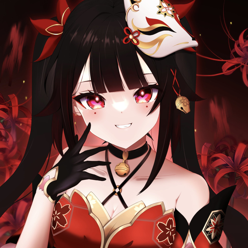 1girl :d auau3156 bare_shoulders bell black_choker black_gloves blush bow breasts brown_hair choker cleavage collarbone criss-cross_halter flower fox_mask gloves grin hair_bow hair_intakes halterneck hand_to_own_mouth highres honkai:_star_rail honkai_(series) large_breasts long_hair looking_at_viewer mask mask_on_head neck_bell o-ring open_mouth pink_eyes portrait red_bow red_flower smile solo sparkle_(honkai:_star_rail) spider_lily teeth twintails