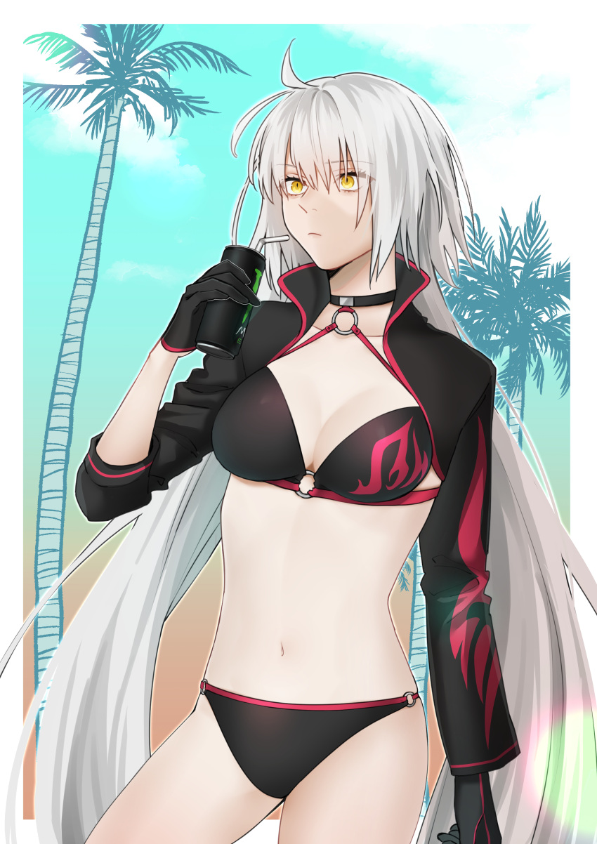 1girl absurdres ahoge bikini black_bikini black_gloves black_jacket breasts cleavage closed_mouth commentary_request cropped_jacket fate/grand_order fate_(series) fjfs522 gloves grey_hair hair_between_eyes highres jacket jeanne_d'arc_alter_(fate) jeanne_d'arc_alter_(swimsuit_berserker)_(fate) large_breasts long_hair navel o-ring official_alternate_costume palm_tree solo stomach swimsuit tree very_long_hair