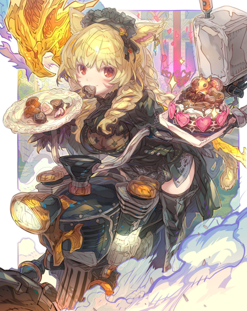 1girl animal_ears black_dress black_thighhighs blonde_hair boots braid breasts cake candy cat_ears cat_girl cat_tail chocolate cleavage closed_mouth commentary_request dress drill_hair ear_piercing final_fantasy final_fantasy_xiv food food_in_mouth hair_between_eyes haku_(sabosoda) heart heart-shaped_chocolate highres holding holding_plate long_hair looking_at_viewer medium_breasts miqo'te mouth_hold nier:automata nier_(series) piercing plate pod_(nier:automata) red_eyes see-through see-through_cleavage side_drill smile solo sparkle tail thigh_boots thighhighs very_long_hair