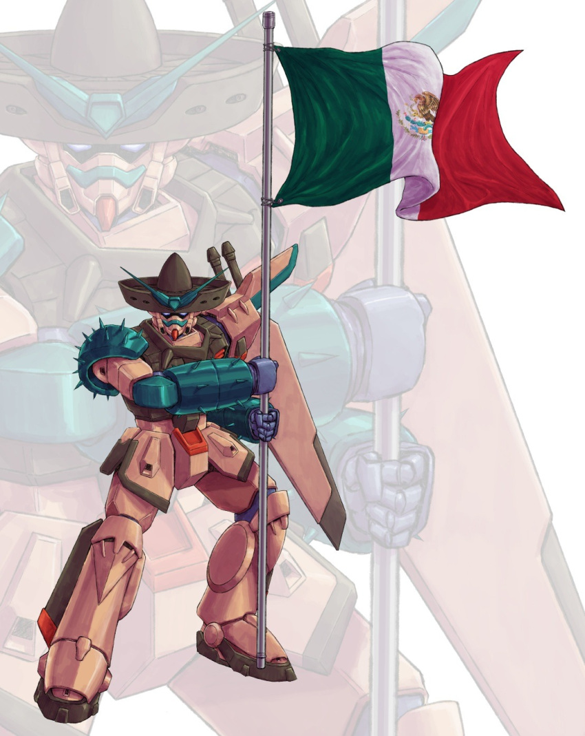 adi_(adivider) blue_eyes commentary commission english_commentary flag full_body g_gundam gundam hat highres holding holding_flag legs_apart looking_at_viewer mecha mecha_focus mexican_flag no_humans pixiv_commission robot science_fiction shoulder_spikes sombrero spikes standing super_robot tequila_gundam v-fin zoom_layer