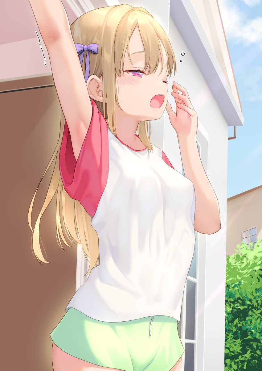 1girl absurdres arm_up armpits bare_arms blonde_hair bow breasts commentary cowboy_shot day from_side goldowl green_shorts hair_bow half-closed_eye hand_to_own_mouth highres long_hair louisa_(goldowl) one_eye_closed open_mouth original outdoors pink_eyes purple_bow shirt short_shorts short_sleeves shorts sleep_bubble small_breasts solo straight_hair t-shirt tears teeth upper_teeth_only white_shirt yawning