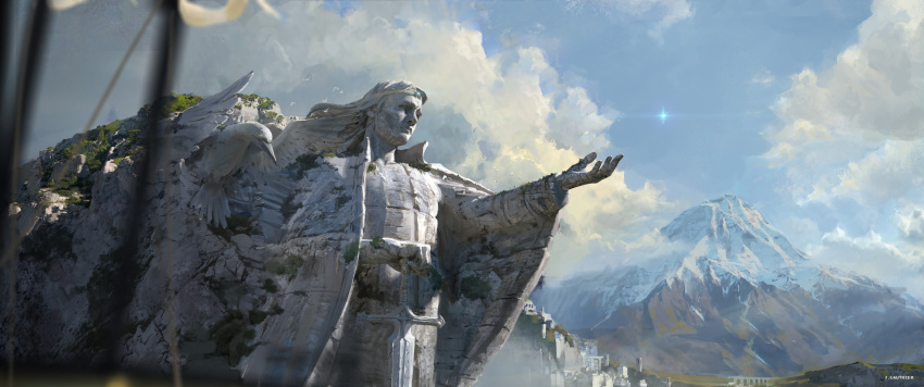 absurdres blurry blurry_foreground canyon city cloud cloudy_sky fantasy highres mountain mountainous_horizon no_humans numenor official_art renart rings_of_power scenery sky star_(sky) statue tolkien's_legendarium watermark