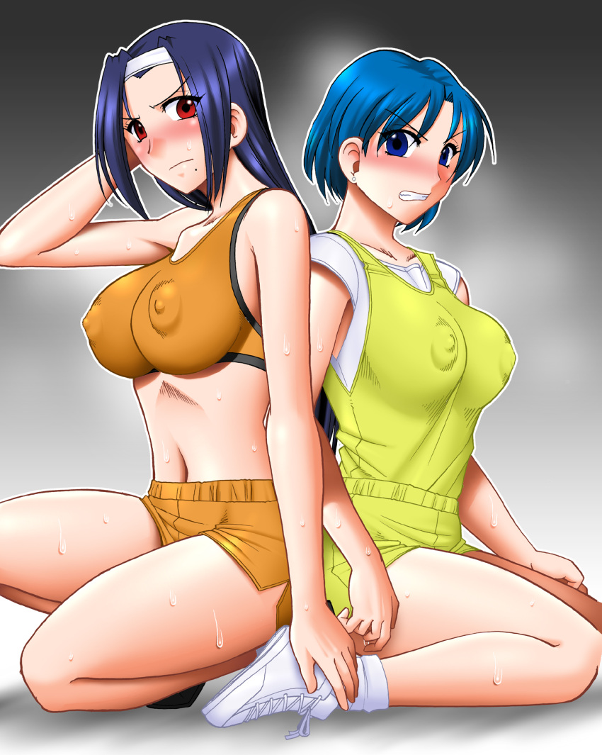 2girls asahina_natsuki blue_eyes blue_hair blush breasts covered_nipples hairband highres large_breasts long_hair looking_at_viewer medium_breasts mokkouyou_bond mole mole_under_mouth multiple_girls navel nipples orange_shorts orange_sports_bra red_eyes serizawa_miki shiny_skin shirt short_hair short_sleeves shorts simple_background sitting sleeveless sports_bra steaming_body super_real_mahjong sweat very_long_hair white_footwear white_shirt yellow_shirt yellow_shorts